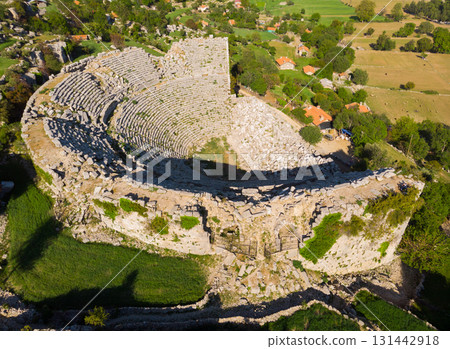 Aerial view of remains of Roman theater of ancient city of Selge, Turkey 131442918