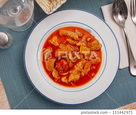 Delicious boiled beef tripe with chorizo and broth 131442971