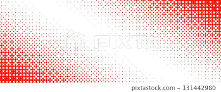 Red bitmap gradient texture. Corner dotted dither halftone background. Fading pixel 8 bit gradation pattern. Rasterized video game halfton patern. Vector vanishing comic pop art overlay backdrop 131442980