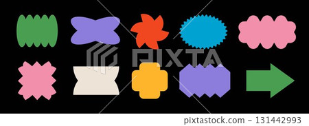 Bright colorful abstract sticker shape set. Retro pop art border element collection. Groovy geometric frame pack for badge, tag, label, banner, poster, sign, patch, logo. Vector various ticket bundle Bright colorful abstract sticker shape set. Retro pop art border element collection. Groovy geometric frame pack for badge, tag, label, banner, poster, sign, patch, logo. Vector various ticket bundle 131442993
