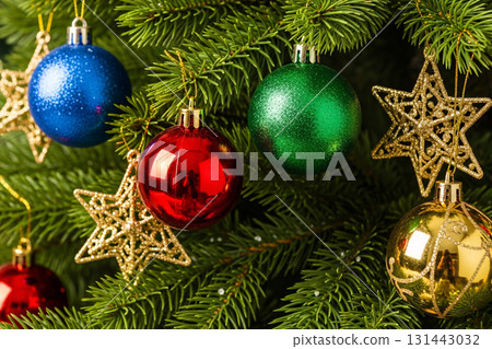 Colorful Christmas Ornaments With Golden Stars Colorful Christmas Ornaments With Golden Stars 131443032