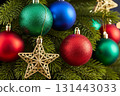 Colorful Christmas Ornaments With Golden Stars 131443033