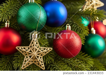 Colorful Christmas Ornaments With Golden Stars 131443033