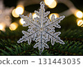 Glitter Snowflake Ornament Hanging On Christmas Tree 131443035