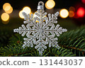 Glitter Snowflake Ornament Hanging On Christmas Tree 131443037