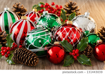 Red And Green Christmas Baubles With Pinecones Red And Green Christmas Baubles With Pinecones 131443039