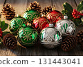 Red And Green Christmas Baubles With Pinecones 131443041