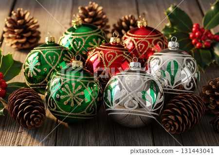 Red And Green Christmas Baubles With Pinecones Red And Green Christmas Baubles With Pinecones 131443041