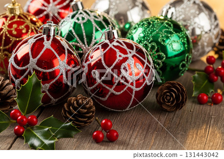 Red And Green Christmas Baubles With Pinecones Red And Green Christmas Baubles With Pinecones 131443042
