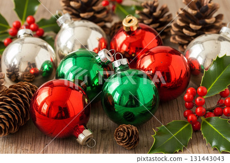 Red And Green Christmas Baubles With Pinecones Red And Green Christmas Baubles With Pinecones 131443043