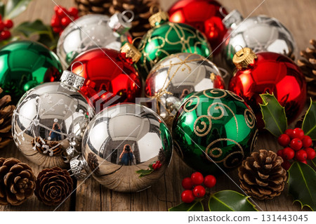 Red And Green Christmas Baubles With Pinecones Red And Green Christmas Baubles With Pinecones 131443045