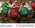 Red And Green Christmas Baubles With Pinecones 131443046