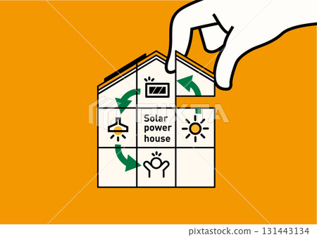 Conceptual illustration of a solar-powered home | Renewable energy, self-consumption, ZEH, vector 131443134