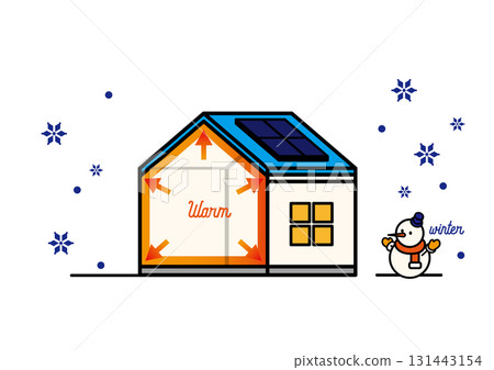 Highly airtight and highly insulated house. Cross-sectional illustration of an energy-saving house that is warm even in winter. Vector 131443154