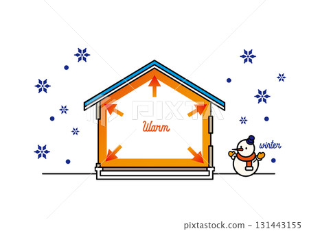Highly airtight and highly insulated house. Cross-sectional illustration of an energy-saving house that is warm even in winter. Vector 131443155