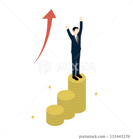 Investment success and financial growth concept with businessman standing on rising arrow and coins 131443176