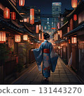 一位身著和服的女子在夜晚燈籠點亮的傳統日本小鎮中漫步 131443270