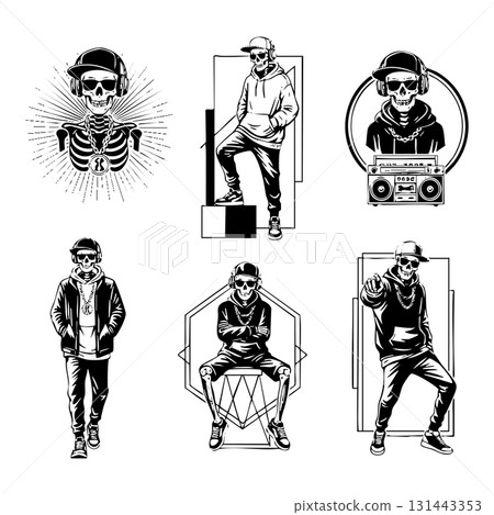 Collection of cool skeleton characters in modern hip-hop fashion with hats, headphones, and chains for music or streetwear branding. Collection of cool skeleton characters in modern hip-hop fashion with hats, headphones, and chains for music or streetwear branding. 131443353