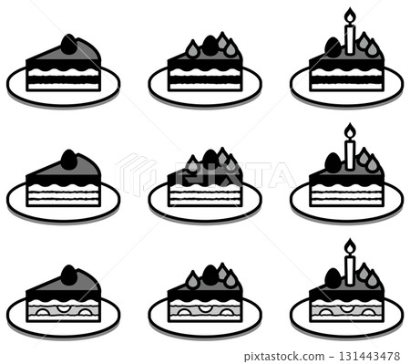 一組各種形狀的美味蛋糕圖示向量插圖集 一組各種形狀的美味蛋糕圖示向量插圖集 131443478