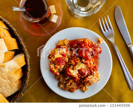 Turkish appetizer Kyopolou from chopped roasted eggplant with garlic 131443509