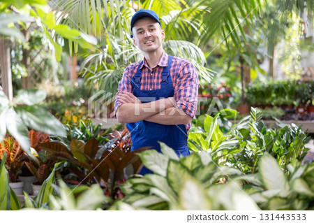 Young male seller with dieffenbachia in store Young male seller with dieffenbachia in store 131443533