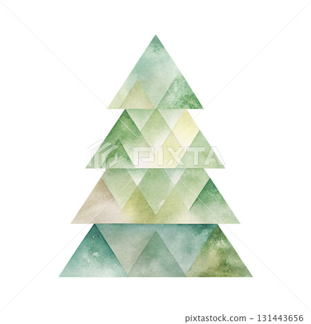 Watercolor illustration of a tall evergreen pine tree, detailed green layered branches with varying shades 131443656