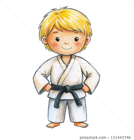 A boy wearing a karate uniform clipart watercolor  131443746