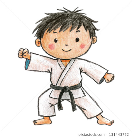 A boy wearing a karate uniform clipart watercolor  131443752