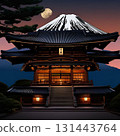 富士山和寺廟的夢幻日落插畫 131443764
