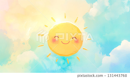 A watercolor illustration of a cute sun with a gentle smile and blue sky 131443768