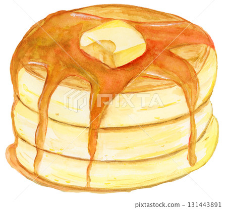 Hand-drawn watercolor illustration of delicious stacked pancakes 131443891