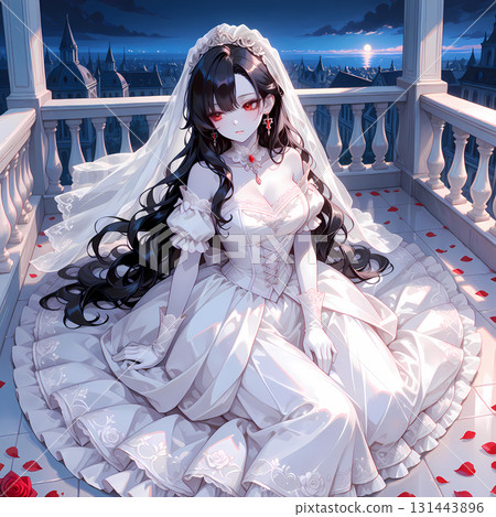 夜晚，紅眼新娘站在陽台上。身著婚紗的迷人美人。 AI插畫，日本漫畫風格。 131443896
