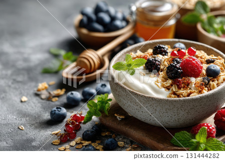 Delicious breakfast bowl with yogurt, berries, and granola at a cozy kitchen 131444282