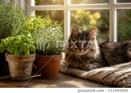 Cat resting by the window among potted herbs and plants in warm sunlight 131444300
