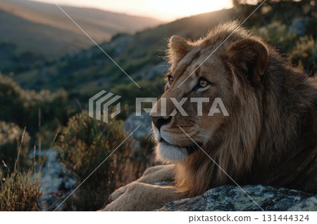 Majestic lion resting on a rock during sunset in the wild 131444324