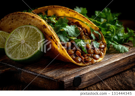 Delicious lentil tacos served with fresh lime and cilantro on wooden board 131444345