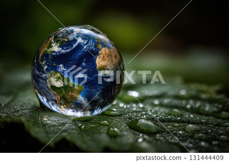 Earth globe resting on a dew-covered leaf in a serene environment 131444409