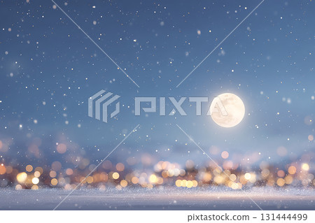 Winter night view, full moon, and a fantastic cityscape with falling snow. Night sky background material 131444499