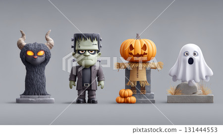 Cute monster, Frankenstein, pumpkin scarecrow, and ghost figurines stand together, Halloween theme, playful and spooky mood 131444553