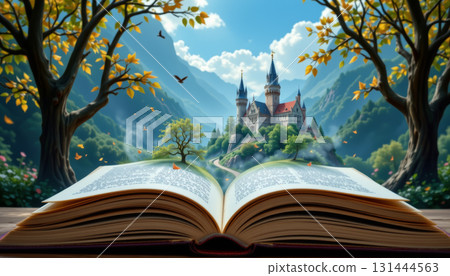 Open book story castle fantasy mountain tree autumn landscape magical sunlight. An enchanting scene with fairytale castle and vibrant nature 131444563