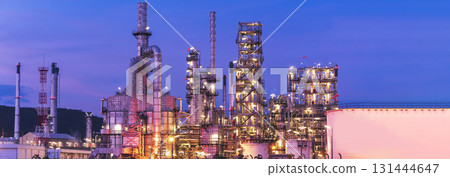Banner Oil refinery gas petrol plant industry with crude tank, gasoline supply chemical factory. Petroleum barrel fuel heavy industry oil refinery manufacturing factory plant on twilight night time Banner Oil refinery gas petrol plant industry with crude tank, gasoline supply chemical factory. Petroleum barrel fuel heavy industry oil refinery manufacturing factory plant on twilight night time 131444647