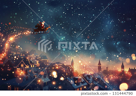 A winter night sky and cityscape with Santa Claus flying through the sky. A fantastic Christmas background with falling snow. 131444790