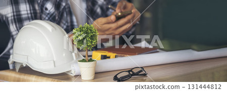 Banner civil construction engineer teams meeting on construction site. Partner team engineering foreman teamwork consult together. Panorama group engineer office meeting partnership with copy space 131444812