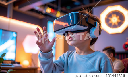 Virtual reality headset child technology futuristic immersive playful digital headset modern entertainment. child enjoys immersive virtual reality Virtual reality headset child technology futuristic immersive playful digital headset modern entertainment. child enjoys immersive virtual reality 131444826