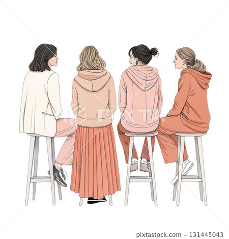 women walking hand in hand viewed from the back wearing modern jumpsuits women walking hand in hand viewed from the back wearing modern jumpsuits 131445043