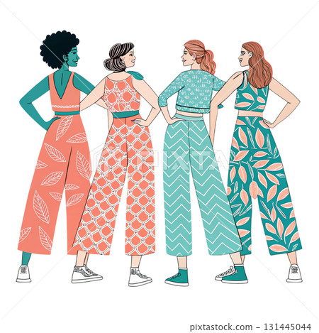 women walking hand in hand viewed from the back wearing modern jumpsuits 131445044
