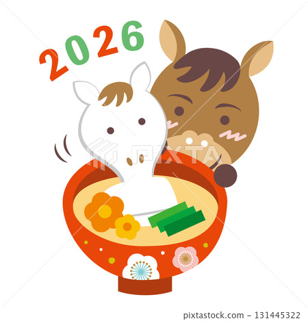 Illustration of a cute horse and zoni (rice cake) Year of the Horse Zodiac New Year's card 131445322