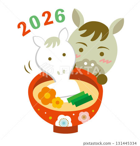 Illustration of a cute horse and zoni (rice cake) Year of the Horse Zodiac New Year's card Illustration of a cute horse and zoni (rice cake) Year of the Horse Zodiac New Year's card 131445334