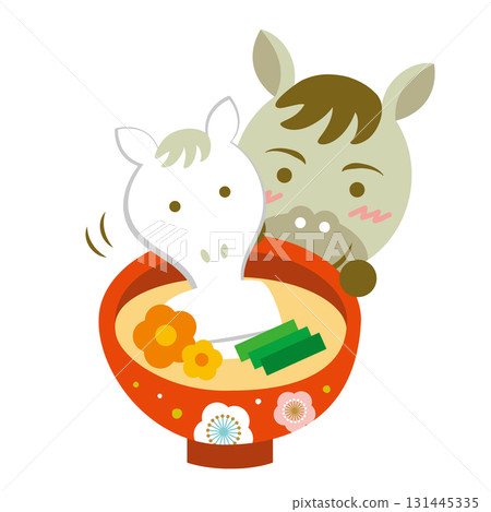 Illustration of a cute horse and zoni (rice cake) Year of the Horse Zodiac New Year's card Illustration of a cute horse and zoni (rice cake) Year of the Horse Zodiac New Year's card 131445335