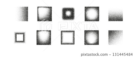 Set of noisy gradient rectangle and square shapes, halftone texture, grain stipple effect, black and white abstract dotted noise pattern for modern poster, social media, grunge design 131445484